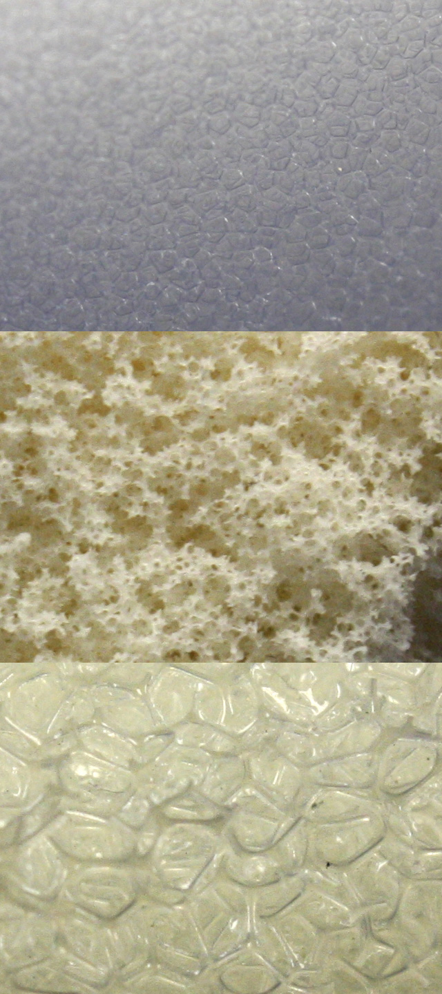 Top: Standard Polyurethane Foam, Middle: Latex Foam, Bottom: Dryfast Foam (Click to enlarge)
