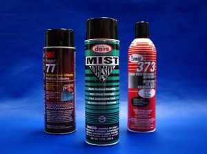 (L to R) 3M Super 77, Claire Mist, and Camie 373 Spray Adhesives